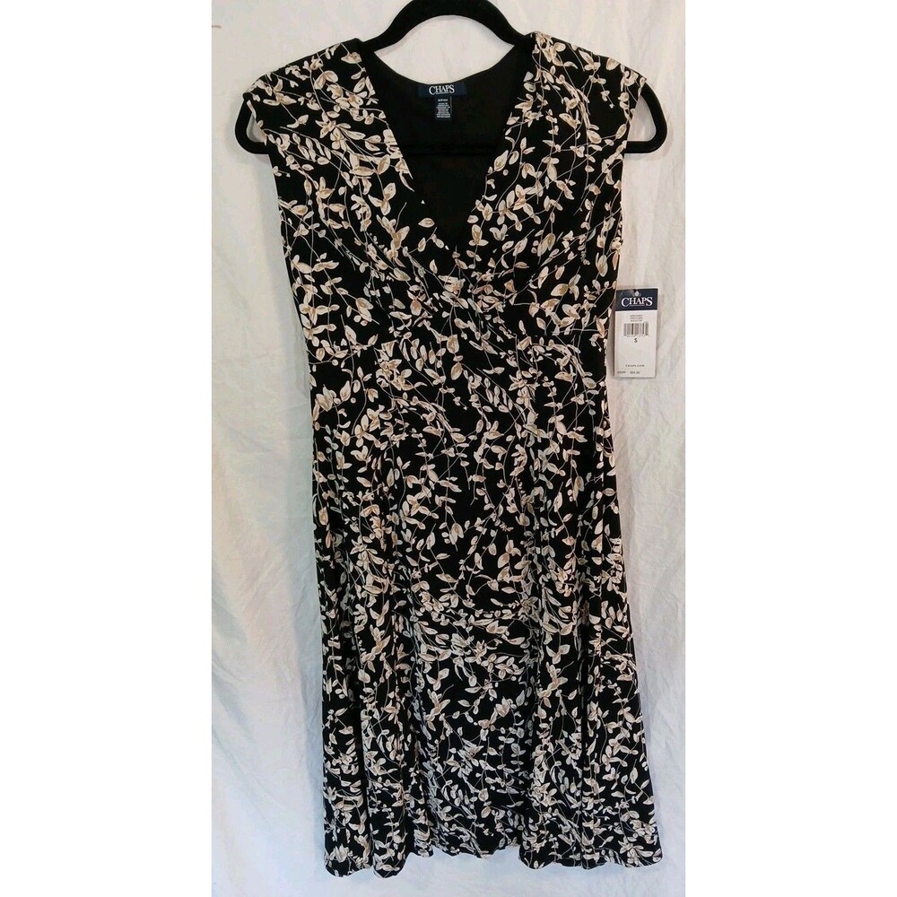 Chaps Small Sleeveless Dress Cross Over Bust Black/Tan Leaf Pattern Above Knee